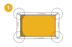 A diagram showing the first step to fold a sheet lengthwise. The four corners of the sheet are highlighted with circles