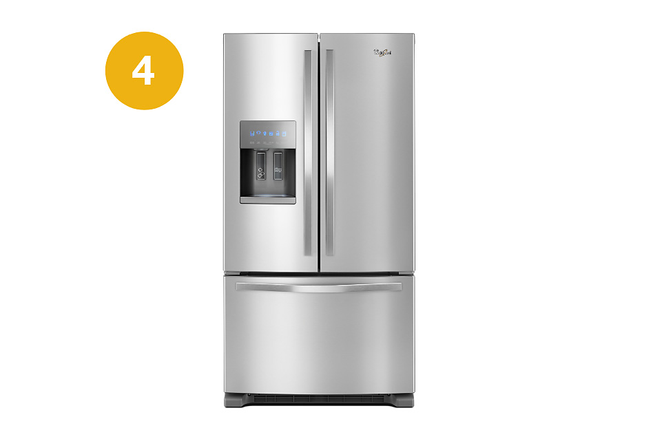 A stainless steel french door Whirlpool refrigerator featuring an exterior water dispenser