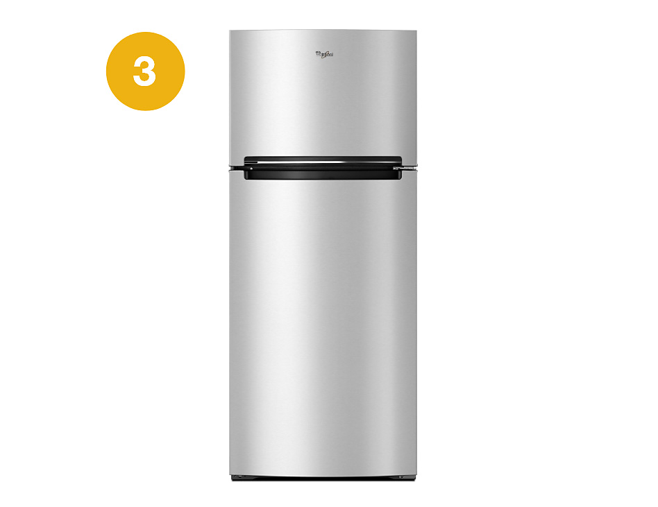 A stainless steel Whirlpool refrigerator with a top-freezer