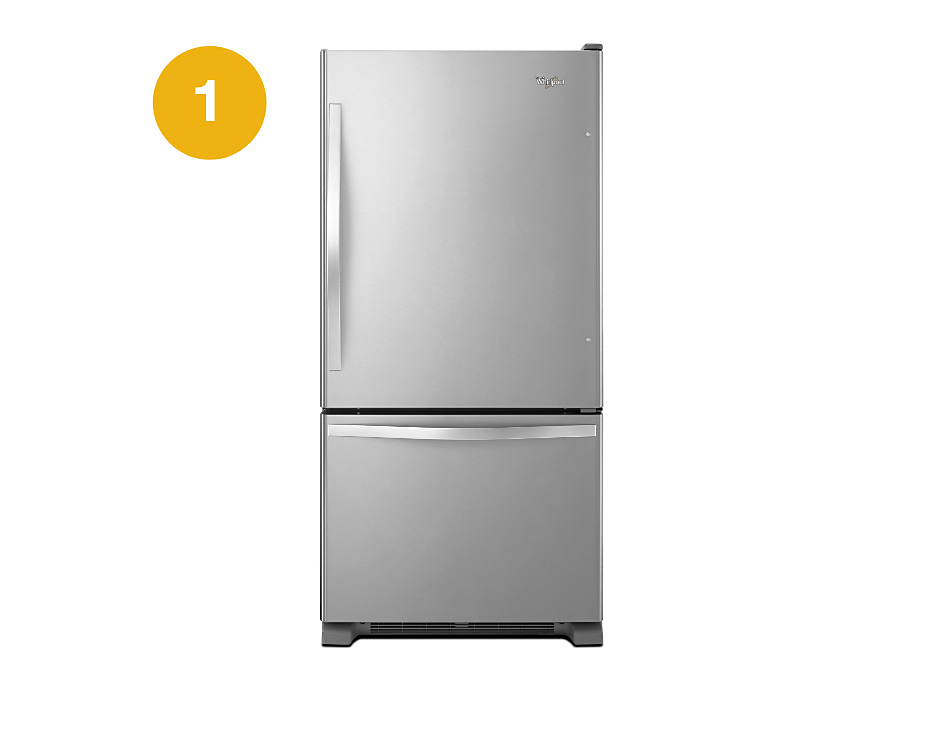 A stainless steel Whirlpool refrigerator with a bottom freezer drawer