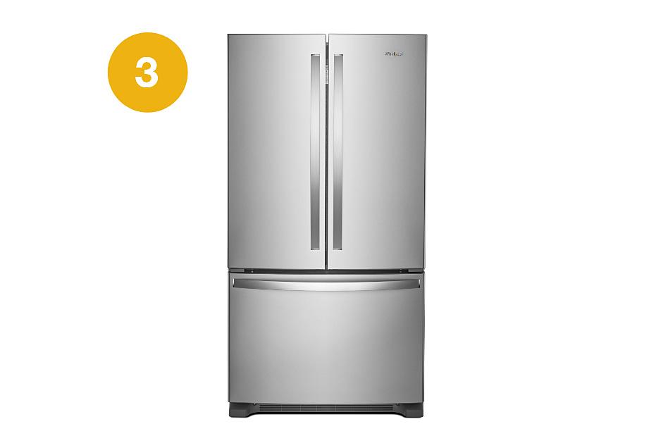 A stainless steel french door Whirlpool refrigerator