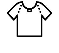 An icon of a t-shirt. It's a white shirt with a black outline and perforated around the shoulders