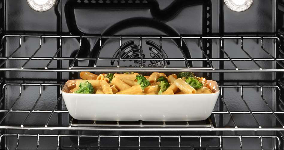 A pasta dish inside a Whirlpool wall oven