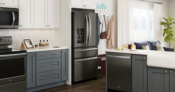 Black french door refrigerator in a kitchen