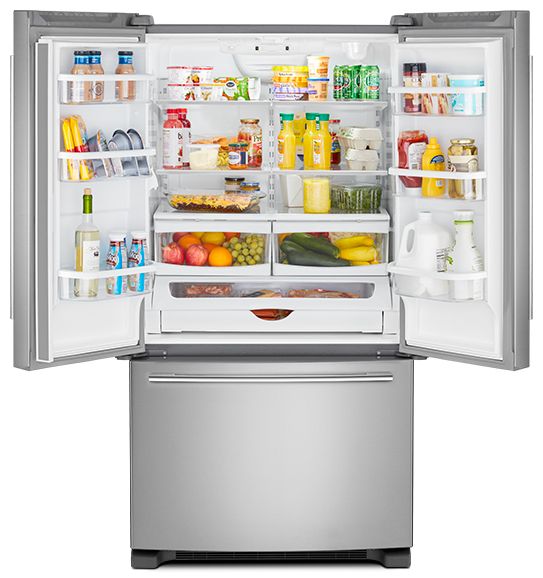 Open French door refrigerator loaded with food and drinks