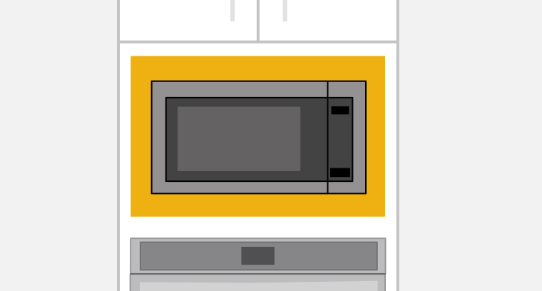 A line drawing of a countertop microwave built into a cabinet with the trim pieces highlighted