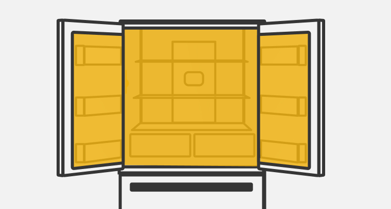 A line drawing of an open top mount refrigerator with the shelves highlighted. 