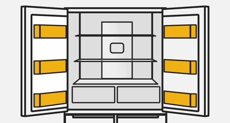 A line drawing of an open French door refrigerator with the door bins highlighted