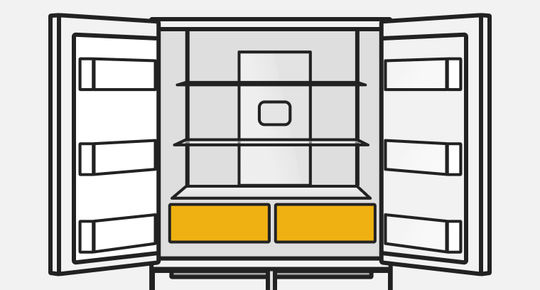A line drawing of an open French door refrigerator with the drawers highlighted