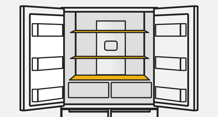 A line drawing of an open French door refrigerator with the shelves highlighted