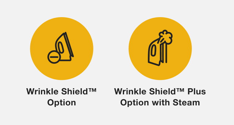 One icon showing an iron and a minus symbol with the label Wrinkle Shield™ Option and another icon showing an iron with a puff of steam with the label Wrinkle Shield™ Plus Option with Steam