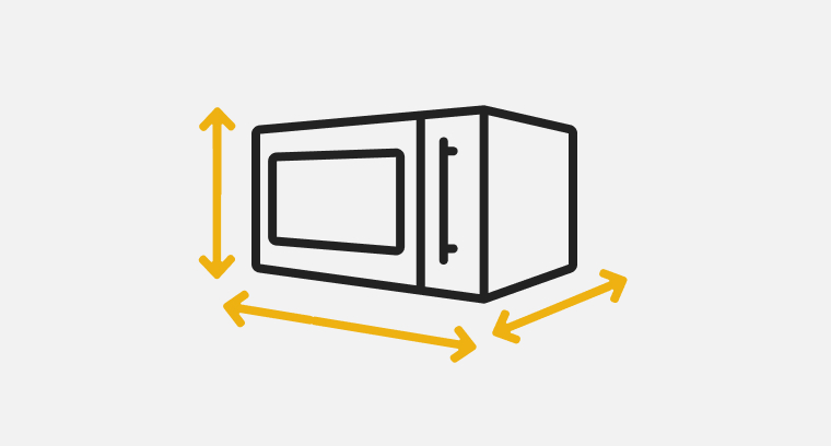 A line drawing of a microwave with arrows indicating height, width and depth