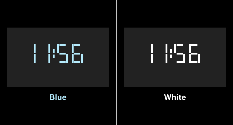 Split screen of a blue digital display and a white digital display