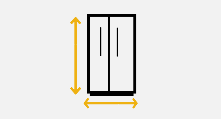 A line drawing of a side-by-side refrigerator with double-sided arrows showing the height and width