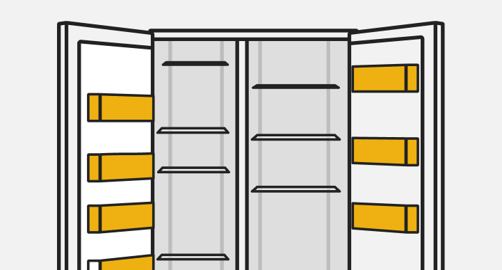 A line drawing of an open side-by-side refrigerator with the door bins highlighted