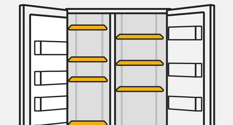 A line drawing of an open side-by-side refrigerator with the shelves highlighted