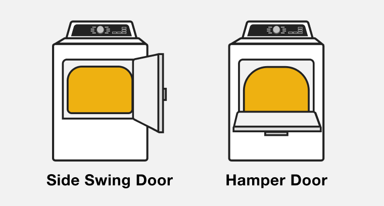 Line drawings showing a dryer with a Side Swing Door and a dryer with a Hamper Door
