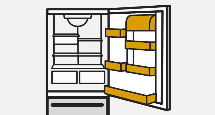 A line drawing of an open Bottom Mount refrigerator with the door bins highlighted. 