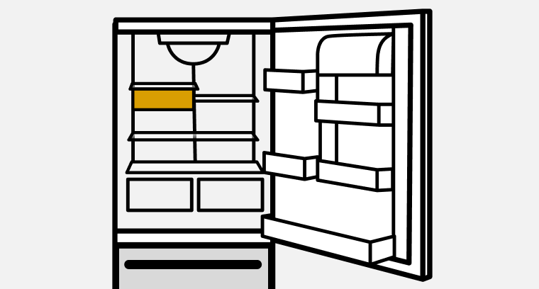 A line drawing of an open Bottom Mount refrigerator with the drawers highlighted. 