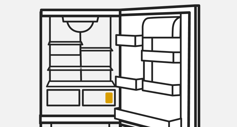 A line drawing of an open Bottom Mount refrigerator with the FreshFlow™ Produce Preserver highlighted.