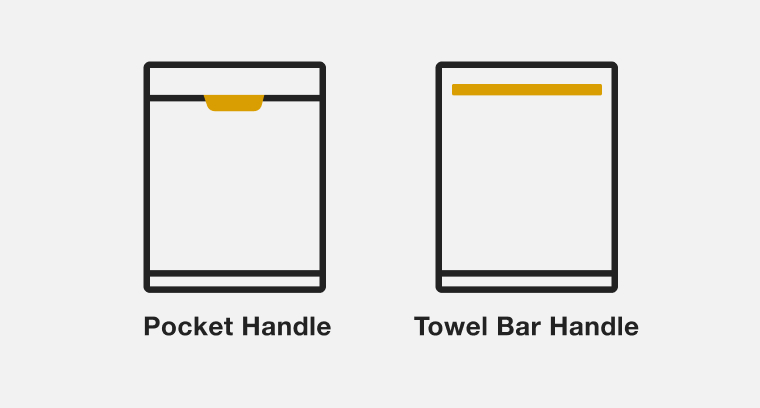 Art showing the two different types of handles Whirlpool® Dishwashers can have: Pocket Handle or Towel Bar Handle