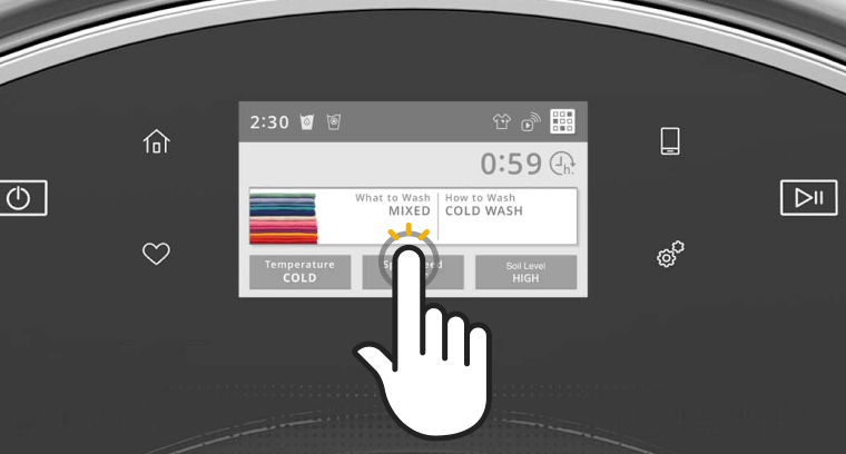 Closeup of the touchscreen on a front load washer with a line drawing of hand selecting an option