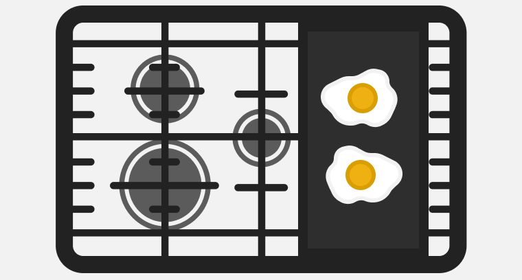 A line drawing of two eggs cooking on the included griddle over two burners on a gas cooktop.