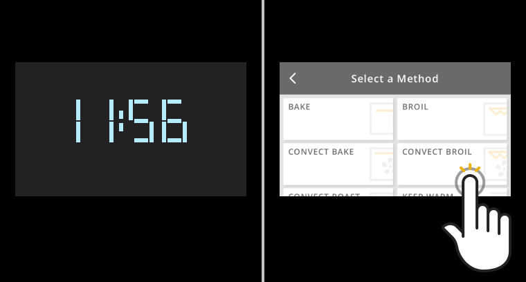 Side-by-side images of digital clock display showing the time of 11:56 in white with a gray background and a touchscreen with a white line drawing of a hand selecting an option