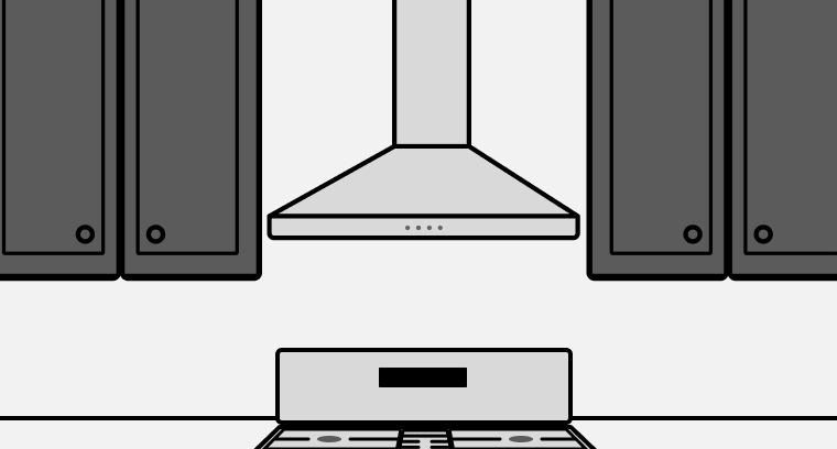 Line drawing of a canopy vent hood in a kitchen