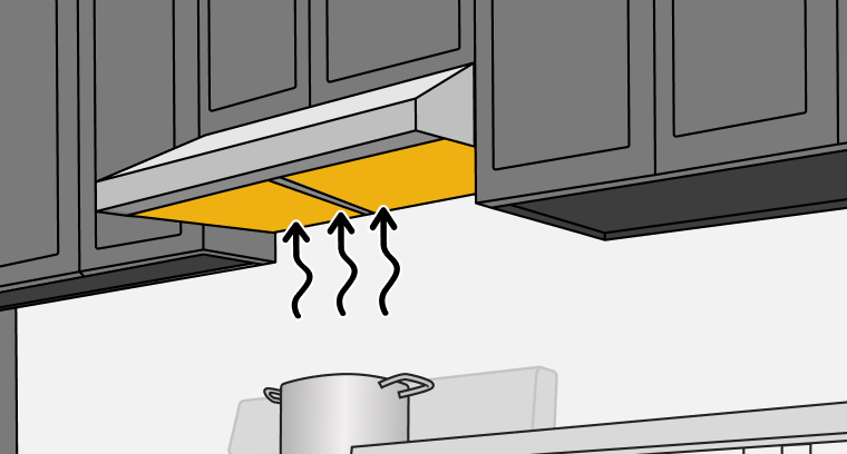 Line drawing of steam lines rising from a pot on a stovetop into an undercabinet vent hood