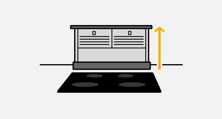 Line drawing showing a downdraft hood next to a built-in cooktop with an arrow showing the pop-up motion