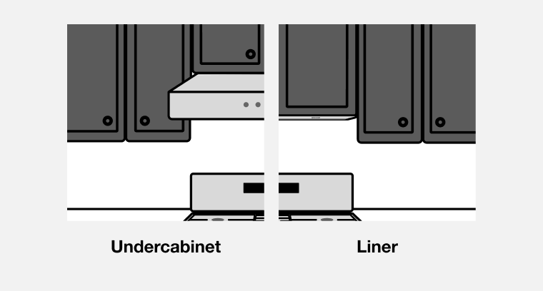 Split screen drawing showing an undercabinet hood and a hood liner in a kitchen