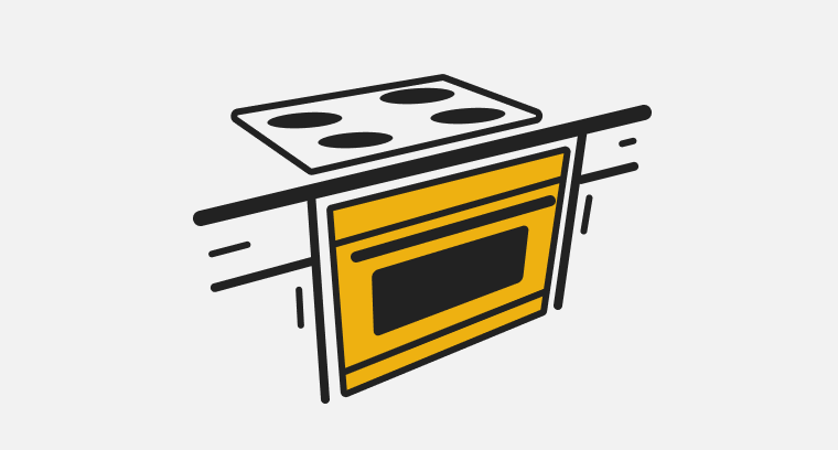 A line drawing of a single wall oven installed into the lower cabinets under a cooktop.