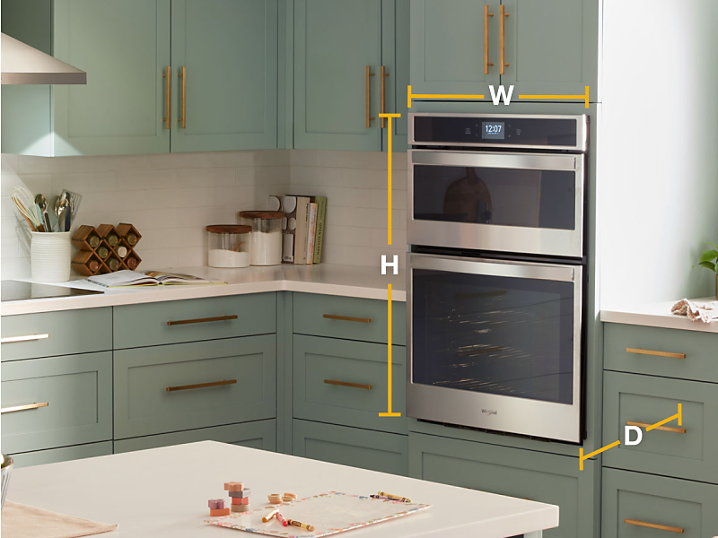 惠而浦®不锈钢组合壁烤箱设置成浅绿色的橱柜，有宽度，高度和深度图