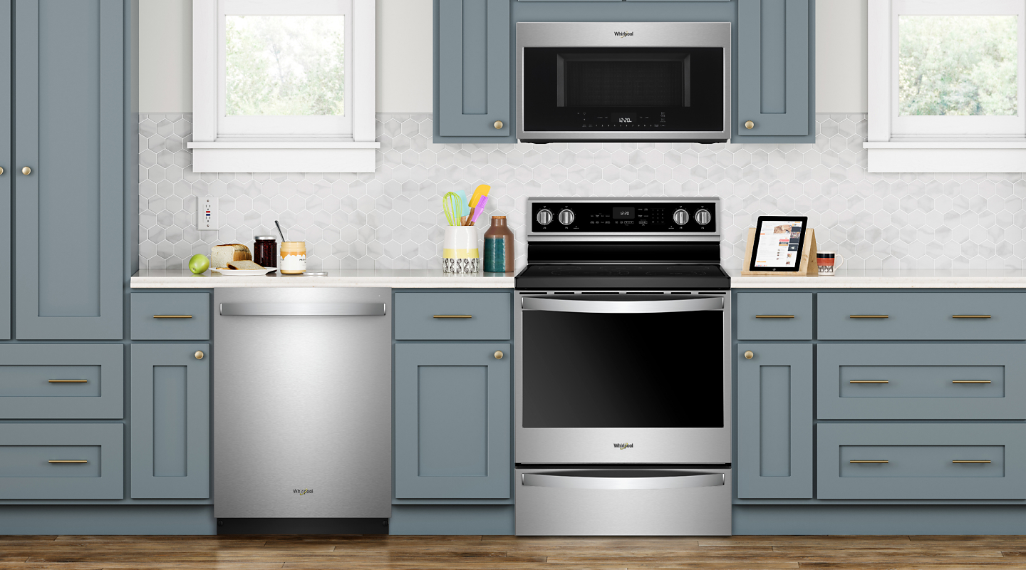 Whirlpool brand appliances set in cabinetry