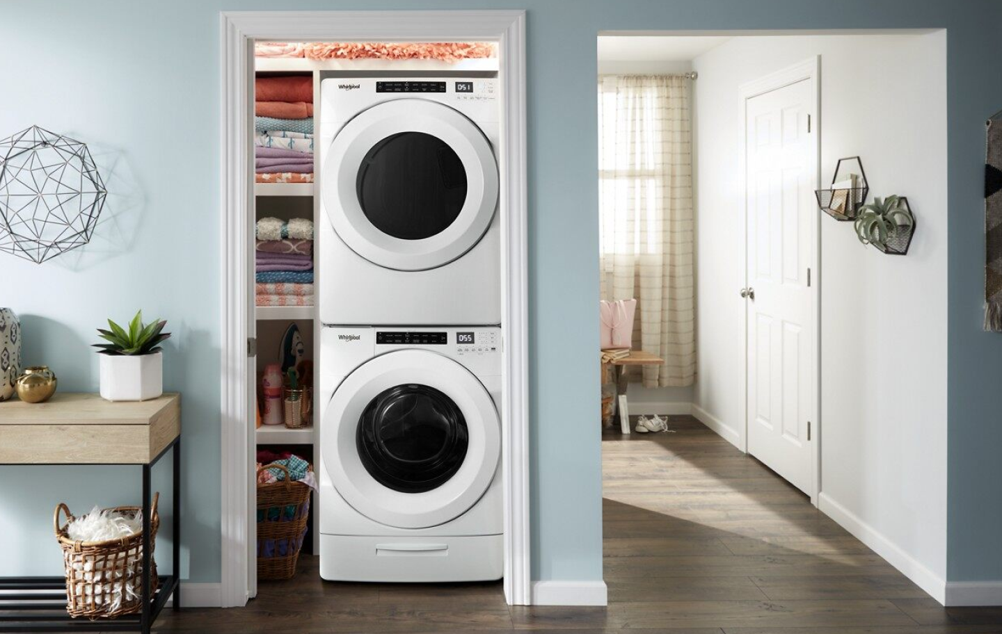 Stacked white Whirlpool® washer and dryer set