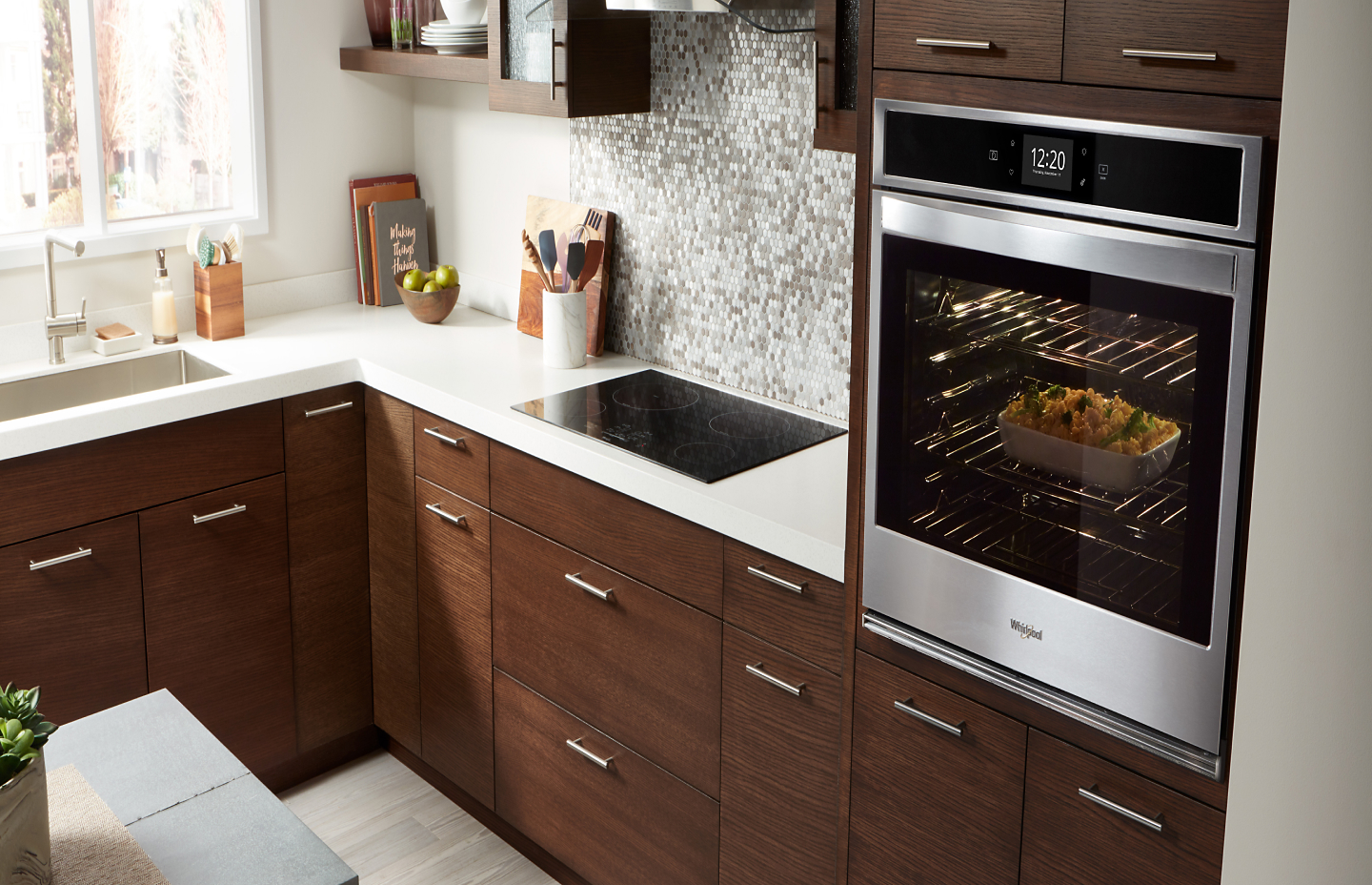 A  Whirlpool® Wall Oven with a casserole baking inside.