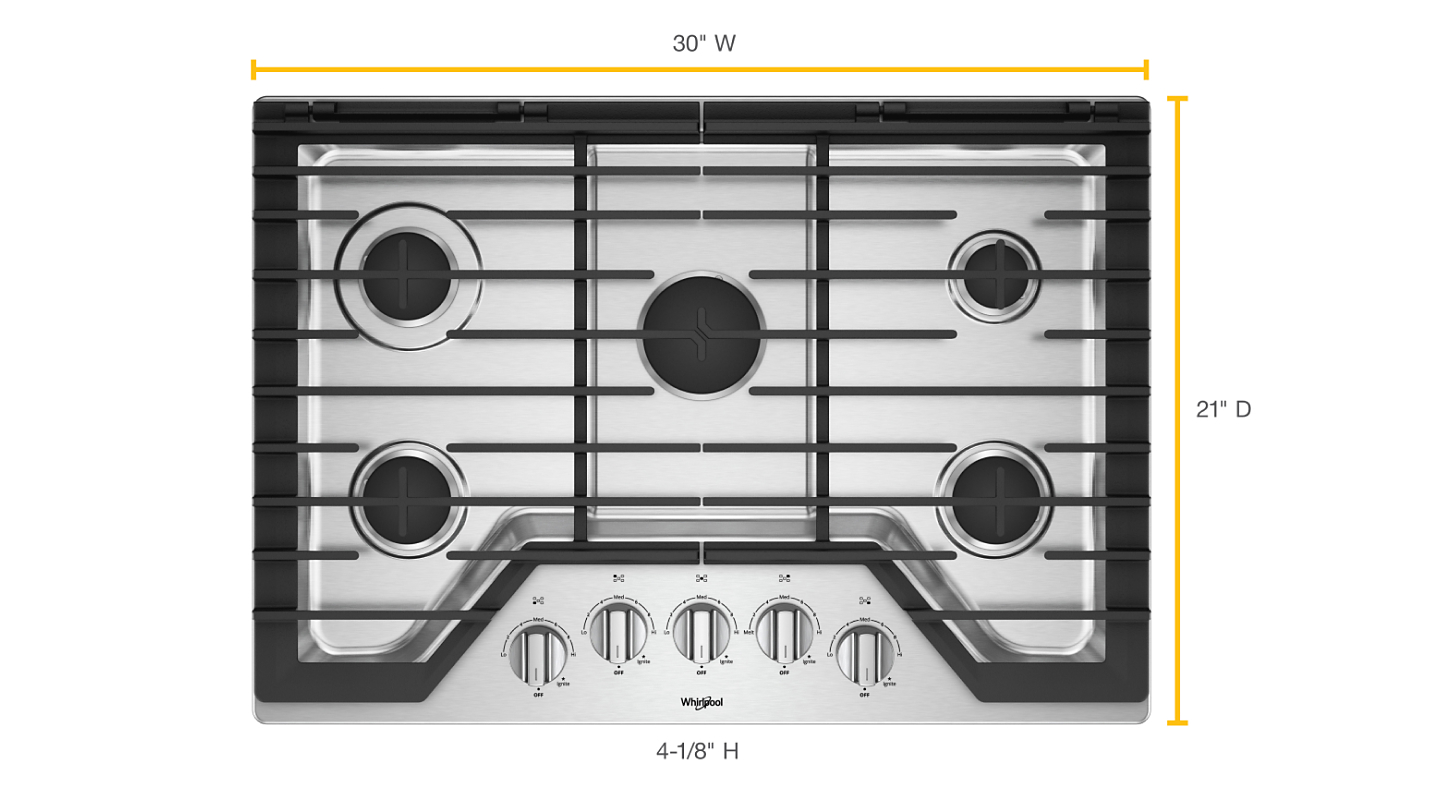 Top view of gas 5-burner cooktop with length and width dimensions noted on sides