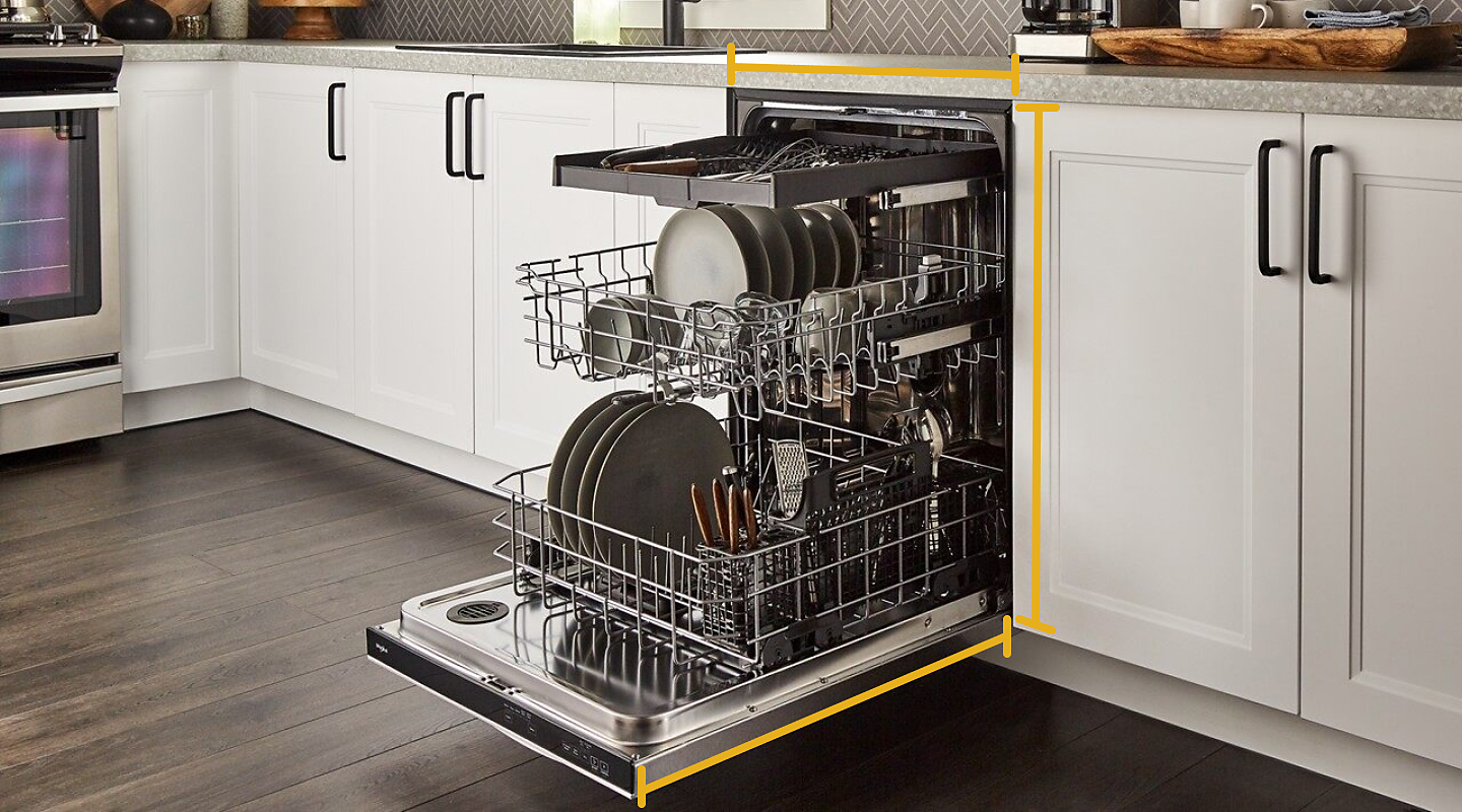 Open third-rack dishwasher with an overlay of yellow dimension guide lines.
