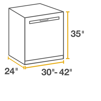 Line drawing of oversized built-in dishwasher surrounded by height, width and depth measurements. 