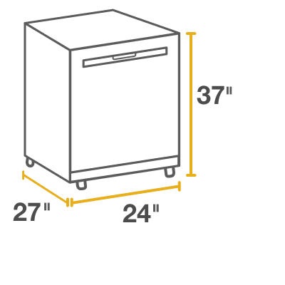 Line drawing of portable dishwasher surrounded by height, width and depth measurements.