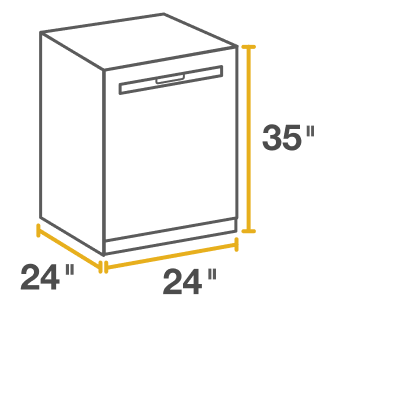 Line drawing of standard built-in dishwasher surrounded by height, width and depth measurements. 