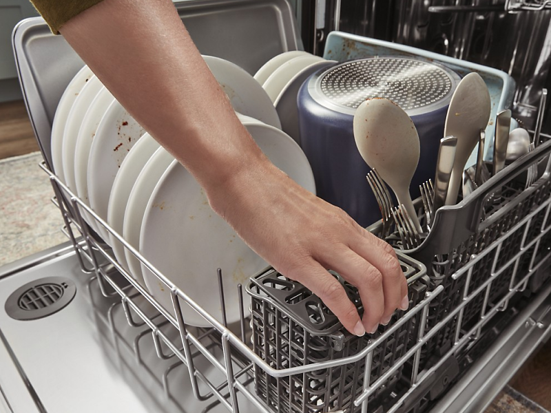 A white dishwasher set in a kitchen