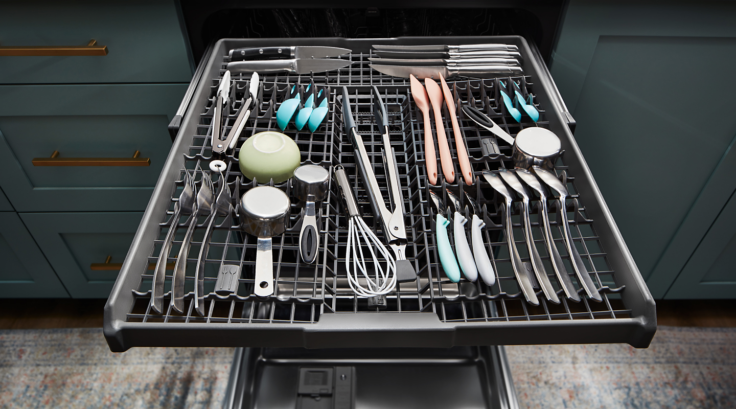 Cookware on the top rack of a Whirlpool® dishwasher