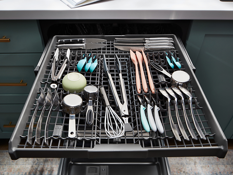 Cookware on the top rack of a Whirlpool® dishwasher