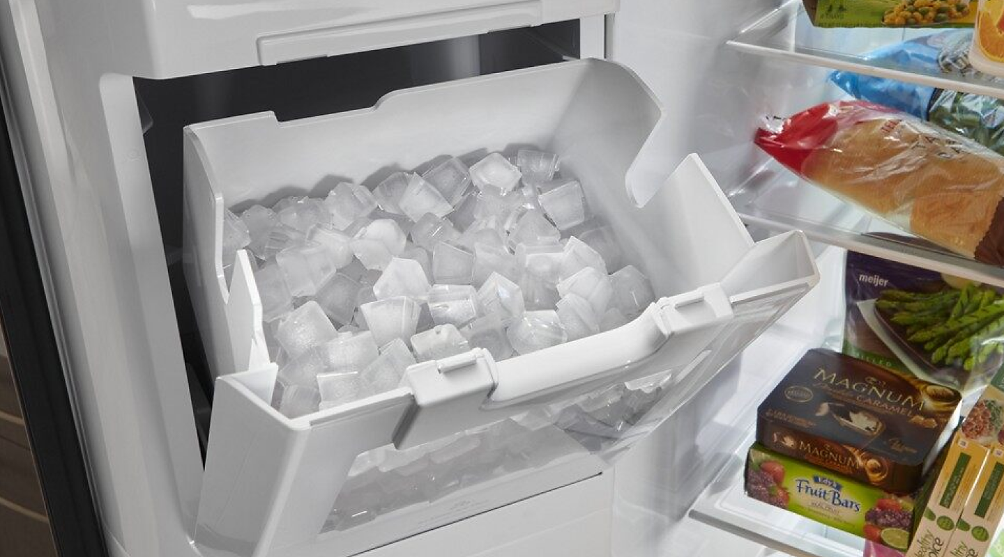 Close-up of full refrigerator ice bin