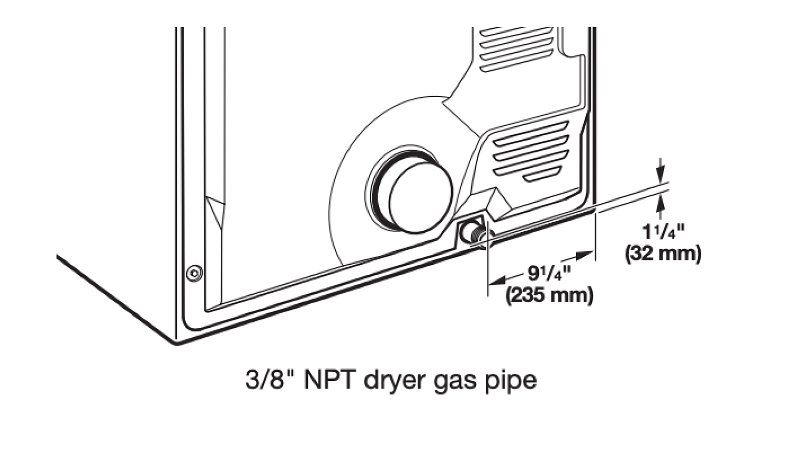 A diagram showing the back of a gas dryer.