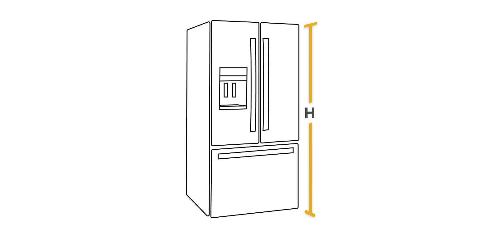 French Door refrigerator with the height diagrammed for measurements