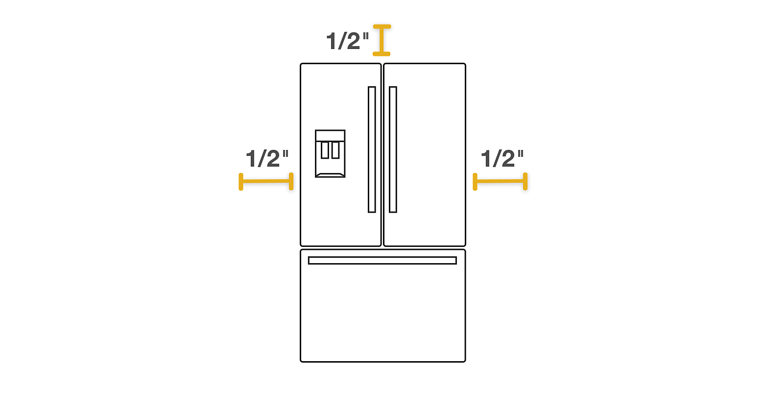 French Door refrigerator with 1/2 inch of space diagrammed on each side for proper placement
