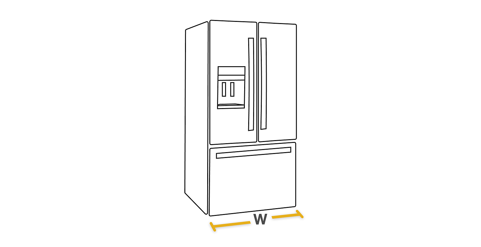 French Door refrigerator with the width diagrammed for measurements